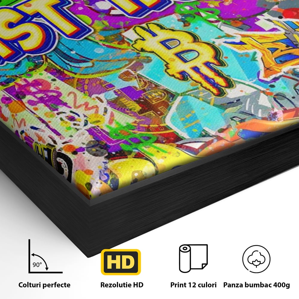 Detaliu al suprafetei: tablou canvas cu graffiti si bitcoin, in rama de aluminiu negru